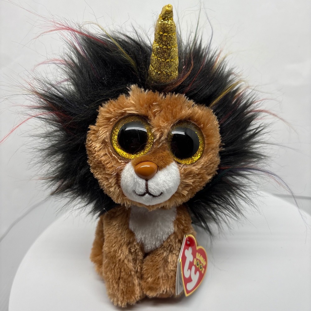 Ty Beanie Boos Ramsey Lion Unicorn 6 inch‎ Brown Gold Glitter Horn Plush 36241